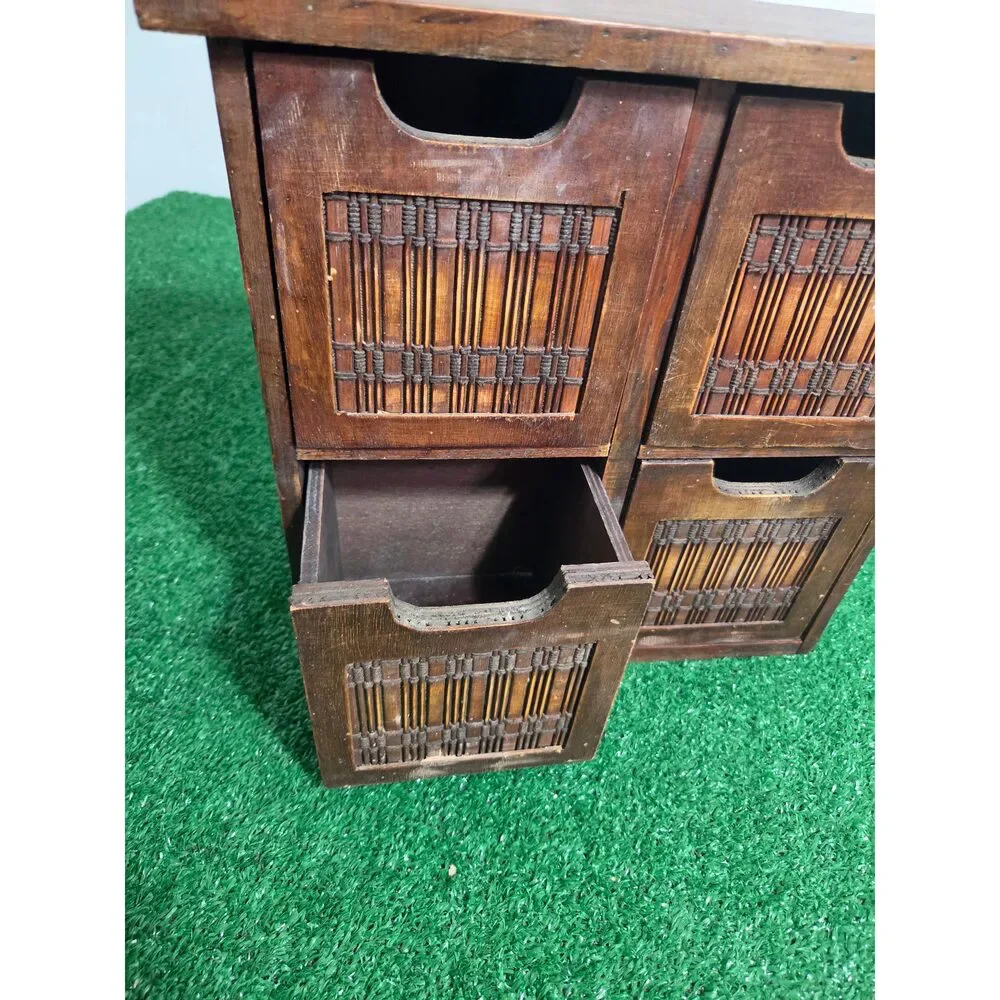 Vintage Wooden Desktop Organizer 4-Drawer Cabinet with Woven Bamboo & Rattan Pa